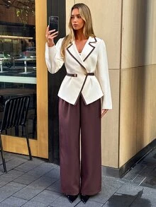 Aloruh Women's Colorblock Trim Waist-Cinched Peplum Blazer + Wide Leg Suit Pants Set - Multicolor - View 5