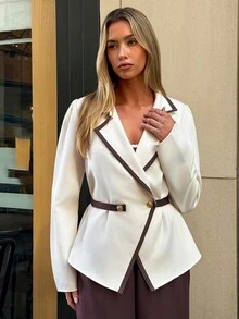 Aloruh Women's Colorblock Trim Waist-Cinched Peplum Blazer + Wide Leg Suit Pants Set - Multicolor - View 12