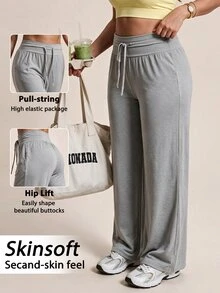SHEIN Rhythm Era Women's Plus Size Solid Color Waist Tie Loose Fit Sports Pants - Light Grey - View 1