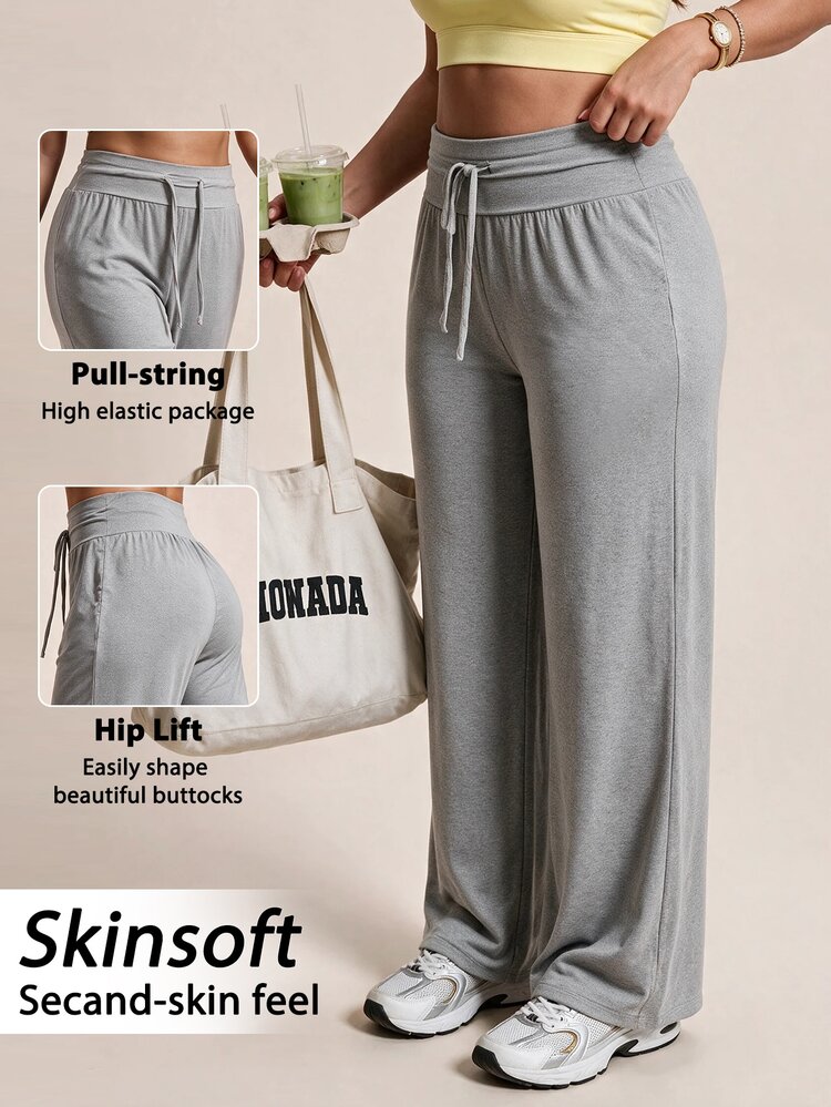 SHEIN Rhythm Era Women's Plus Size Solid Color Waist Tie Loose Fit Sports Pants - Light Grey - View 1