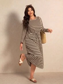 Elaquor Plus Size Casual Striped Vacation Dress - Multicolor - View 1