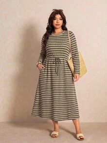 Elaquor Plus Size Casual Striped Vacation Dress - Multicolor - View 6
