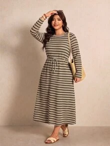 Elaquor Plus Size Casual Striped Vacation Dress - Multicolor - View 3