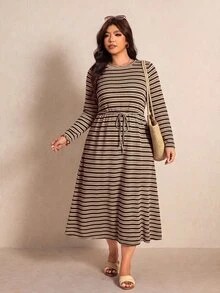 Elaquor Plus Size Casual Striped Vacation Dress - Multicolor - View 4