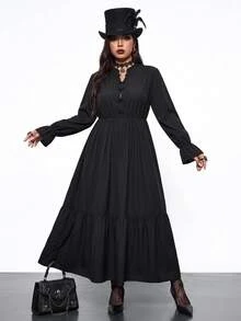 Enliva Plus Size Gothic Black Dress For Women, Frog Button Mandarin Collar Long Sleeve Tiered Loose Fit Dark Dress, Halloween Outfit Fall - Black - View 5