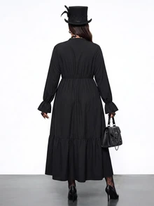 Enliva Plus Size Gothic Black Dress For Women, Frog Button Mandarin Collar Long Sleeve Tiered Loose Fit Dark Dress, Halloween Outfit Fall - Black - View 2