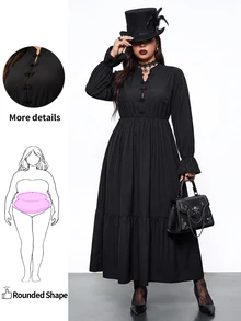 Enliva Plus Size Gothic Black Dress For Women, Frog Button Mandarin Collar Long Sleeve Tiered Loose Fit Dark Dress, Halloween Outfit Fall - Black - View 1