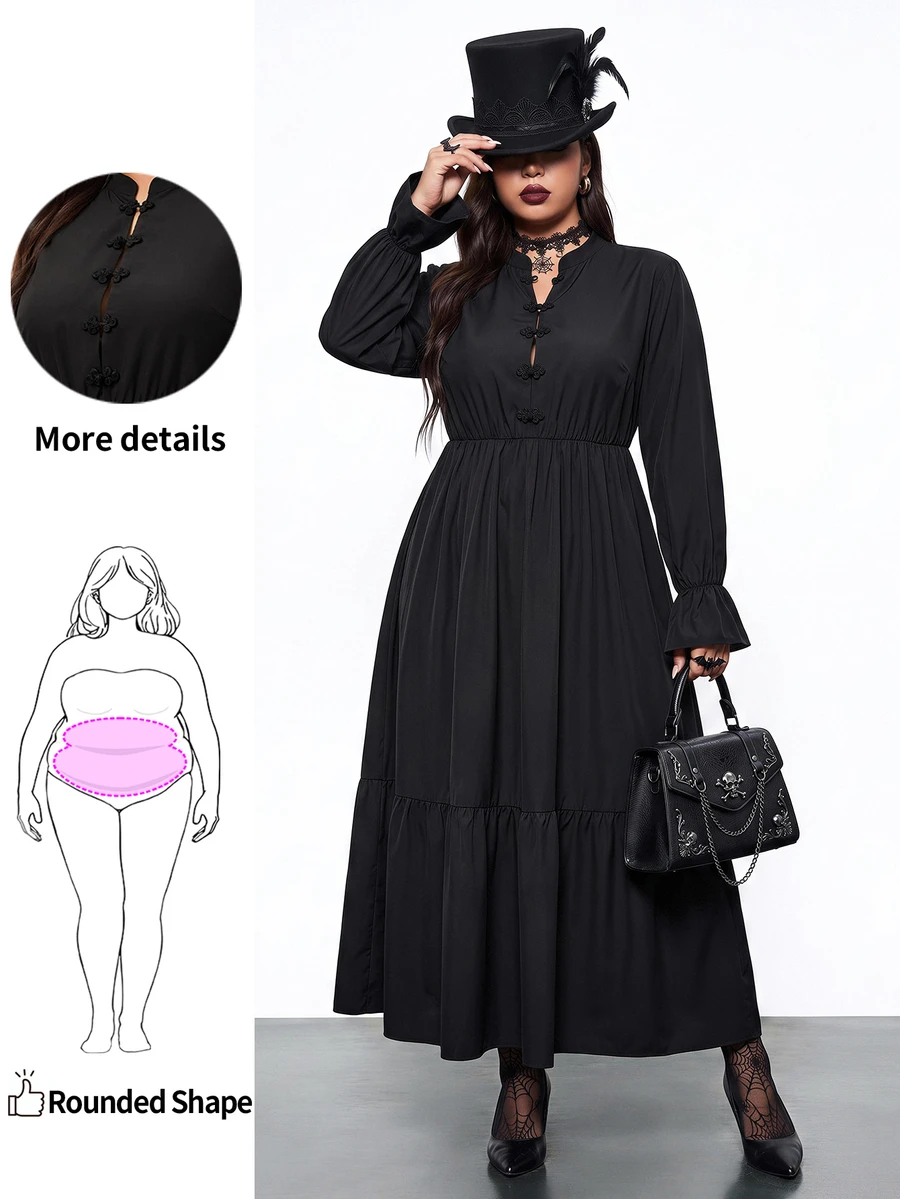 Enliva Plus Size Gothic Black Dress For Women, Frog Button Mandarin Collar Long Sleeve Tiered Loose Fit Dark Dress, Halloween Outfit Fall - Black - View 1