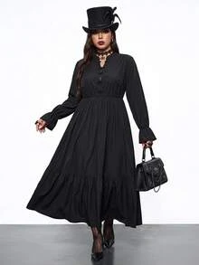Enliva Plus Size Gothic Black Dress For Women, Frog Button Mandarin Collar Long Sleeve Tiered Loose Fit Dark Dress, Halloween Outfit Fall - Black - View 7
