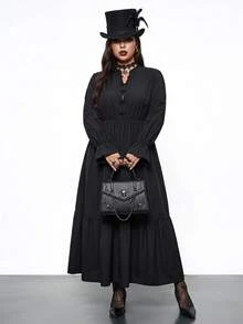 Enliva Plus Size Gothic Black Dress For Women, Frog Button Mandarin Collar Long Sleeve Tiered Loose Fit Dark Dress, Halloween Outfit Fall - Black - View 4