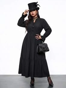 Enliva Plus Size Gothic Black Dress For Women, Frog Button Mandarin Collar Long Sleeve Tiered Loose Fit Dark Dress, Halloween Outfit Fall - Black - View 3