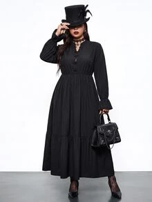 Enliva Plus Size Gothic Black Dress For Women, Frog Button Mandarin Collar Long Sleeve Tiered Loose Fit Dark Dress, Halloween Outfit Fall - Black - View 9