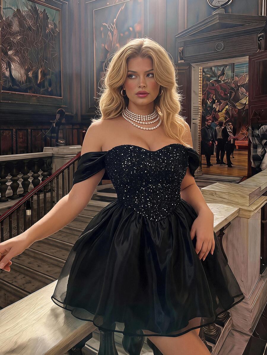 SHEIN MOD Elegante Vestido Corto Negro con Lentejuelas y Hombros Descubiertos Talla Grande para Eventos de Fiesta Nocturna de Mujeres,Vestidos de Noche de Lujo para Bodas,Vestido de Regreso a Casa,Vestido de Año Nuevo - Negro - Ver 1