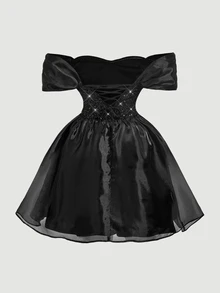 SHEIN MOD Elegante Vestido Corto Negro con Lentejuelas y Hombros Descubiertos Talla Grande para Eventos de Fiesta Nocturna de Mujeres,Vestidos de Noche de Lujo para Bodas,Vestido de Regreso a Casa,Vestido de Año Nuevo - Negro - Ver 4