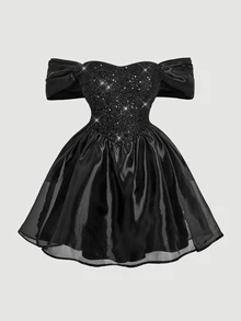 SHEIN MOD Elegante Vestido Corto Negro con Lentejuelas y Hombros Descubiertos Talla Grande para Eventos de Fiesta Nocturna de Mujeres,Vestidos de Noche de Lujo para Bodas,Vestido de Regreso a Casa,Vestido de Año Nuevo - Negro - Ver 3