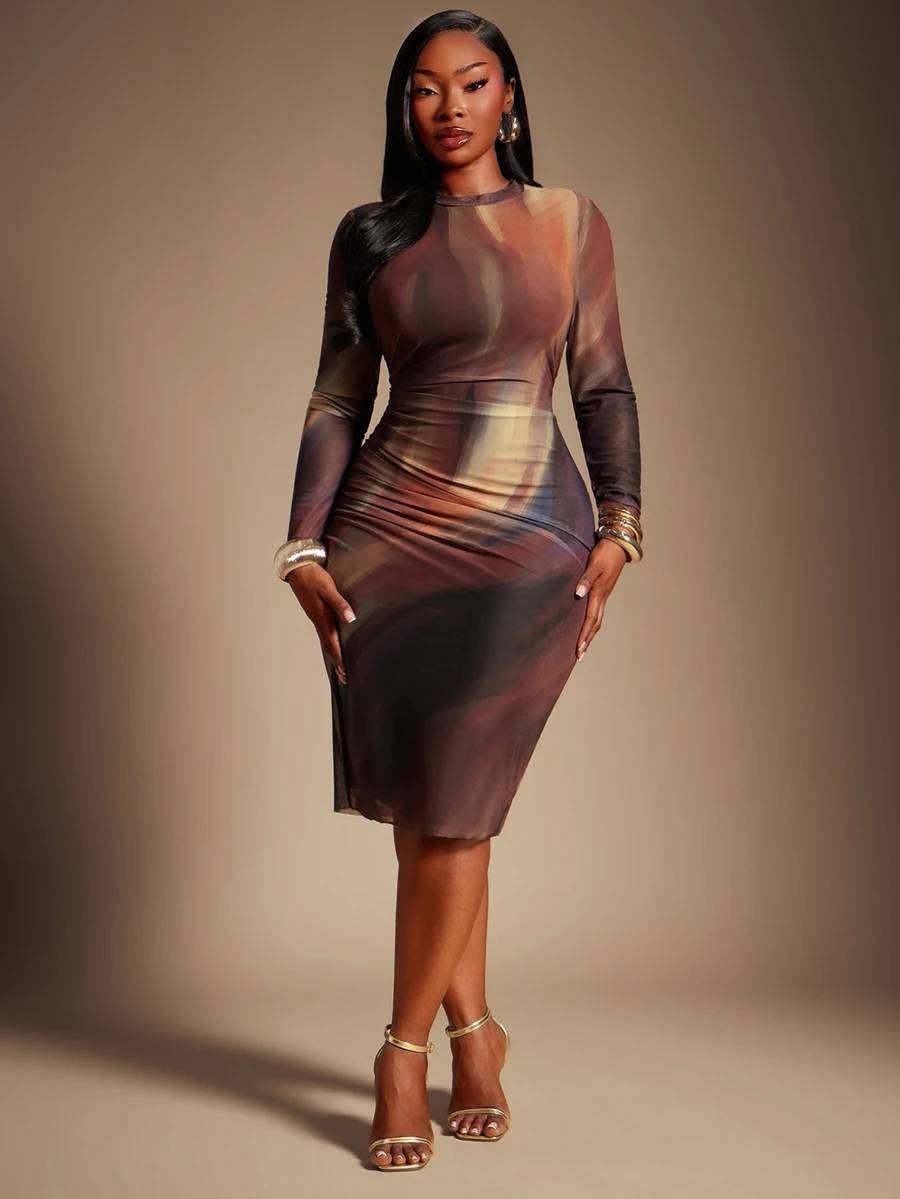SHEIN SXY Plus Size Brown, Water Ripple Print, High-Elastic Mesh Fabric ...