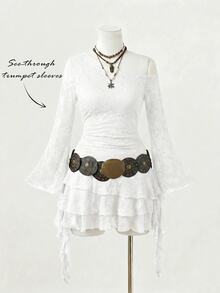SHEIN MOD Plus Size Women's Lace Patchwork Asymmetric Shoulder Sexy Date Dress Fall - White - View 3