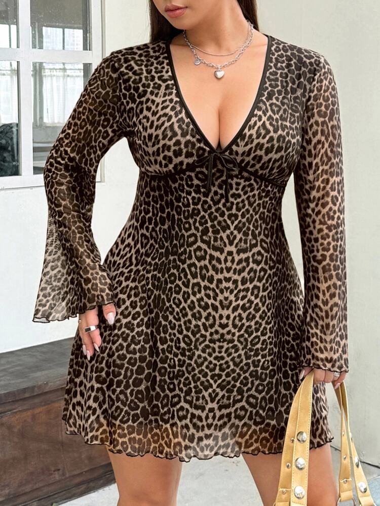 Muchica Plus Size Leopard Print Deep V-Neck Dress Fall - Multicolor - View 3