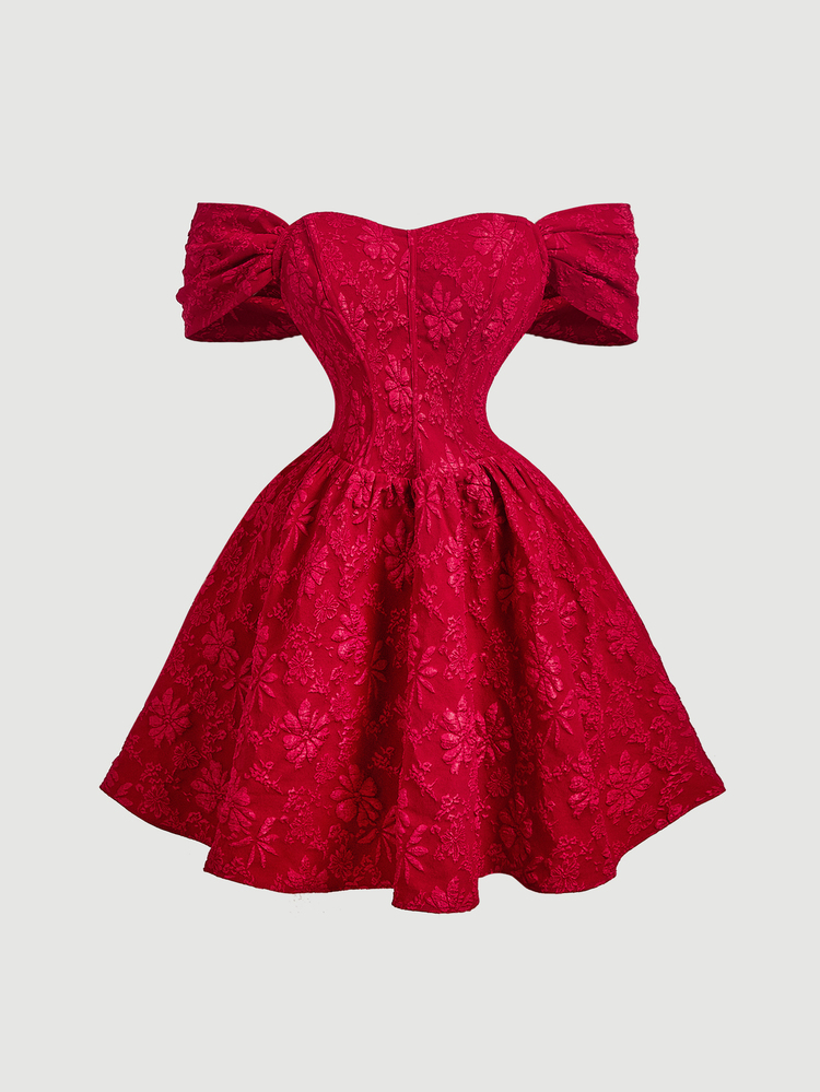 SHEIN MOD Plus Size Red Vintage Dress, Party & Ball Outfit, Off-Shoulder Umbrella Skirt, Jacquard Umbrella Skirt, Girl Holiday & Date Outfit - Red - View 7