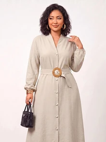 Truni Gaun Aprikot Elegan untuk Wanita Ukuran Plus, Sempurna untuk Musim Gugur, Kencan, dan Perjalanan Sehari-hari - Aprikot - View 5