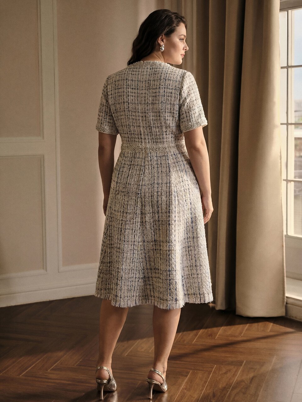 MOTF PLUS AUTUMN/WINTER TWEED SHORT SLEEVE MID-LENGTH DRESS