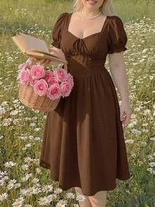 SHEIN MOD Plus Size Women's Elegant Short Sleeve Midi Dress With Twisted Heart Neckline - Brown - View 2