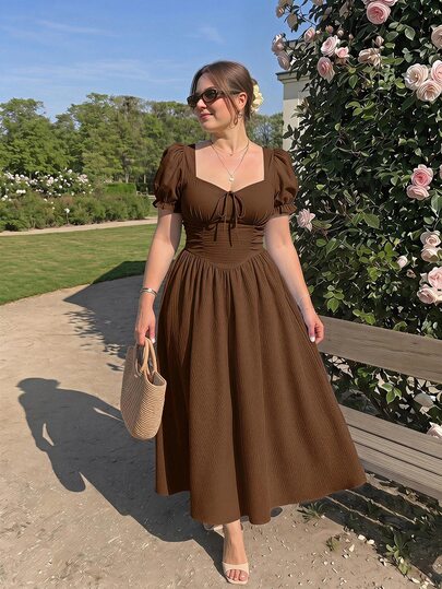SHEIN MOD Plus Size Women's Elegant Short Sleeve Midi Dress With Twisted Heart Neckline