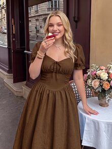 SHEIN MOD Plus Size Women's Elegant Short Sleeve Midi Dress With Twisted Heart Neckline - Brown - View 8