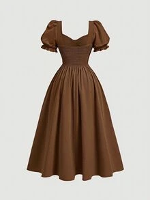 SHEIN MOD Plus Size Women's Elegant Short Sleeve Midi Dress With Twisted Heart Neckline - Brown - View 5