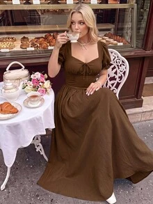 SHEIN MOD Plus Size Women's Elegant Short Sleeve Midi Dress With Twisted Heart Neckline - Brown - View 3