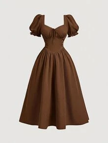 SHEIN MOD Plus Size Women's Elegant Short Sleeve Midi Dress With Twisted Heart Neckline - Brown - View 4