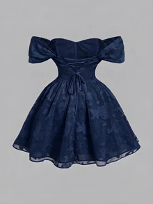 SHEIN MOD Plus Size Women's Off-Shoulder Ruched Elegant Waist-Defining Party Dress - Navy Blue - View 4
