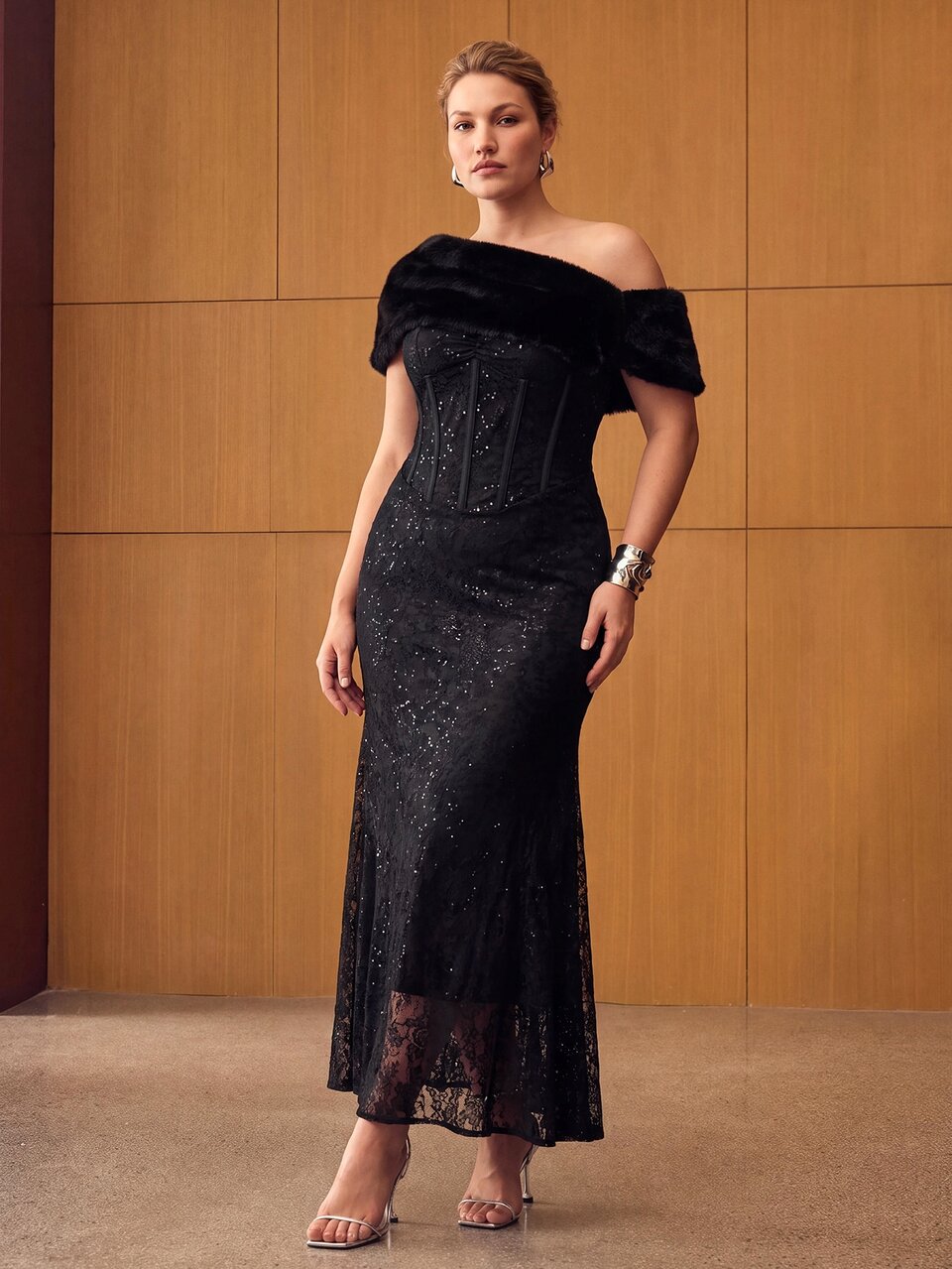 MOTF PLUS SIZE AUTUMN/WINTER FUZZY COLLAR LACE PATCHWORK DRESS