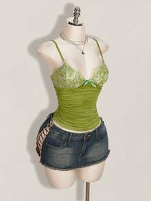SHEIN ICON 對比蕾絲抓皺 Y2K 吊帶上衣 - 綠色 - 查看 6