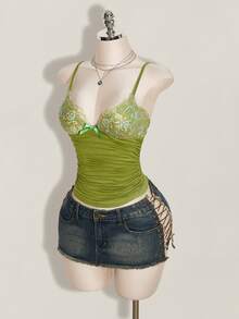 SHEIN ICON 對比蕾絲抓皺 Y2K 吊帶上衣 - 綠色 - 查看 4