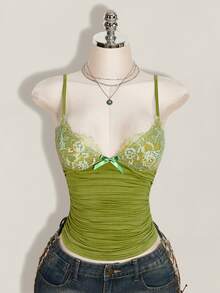 SHEIN ICON 對比蕾絲抓皺 Y2K 吊帶上衣 - 綠色 - 查看 10