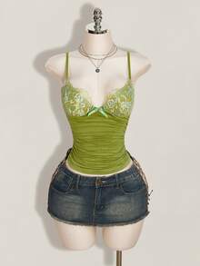 SHEIN ICON 對比蕾絲抓皺 Y2K 吊帶上衣 - 綠色 - 查看 3