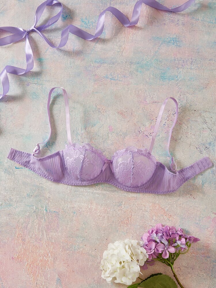Charlaine Women's Sexy Floral Lace Bow Decor Lingerie - Dusty Purple - View 4