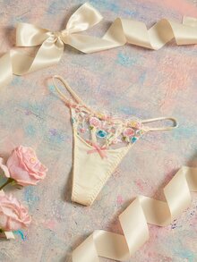 Elorette Light Pale Yellow Embroidered Floral Heavy Work Romantic Pastoral Contrast Color Delicate Details Sexy Sheer Women's T-Back Panties - Pink - View 4