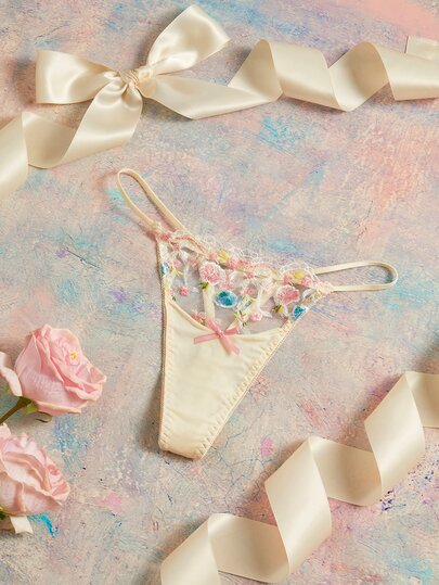 Elorette Quần lót nữ T-back xuyên thấu gợi cảm màu vàng nhạt sáng, thêu hoa họa tiết dày, phong cách lãng mạn đồng quê, phối màu tương phản, chi tiết tinh tế