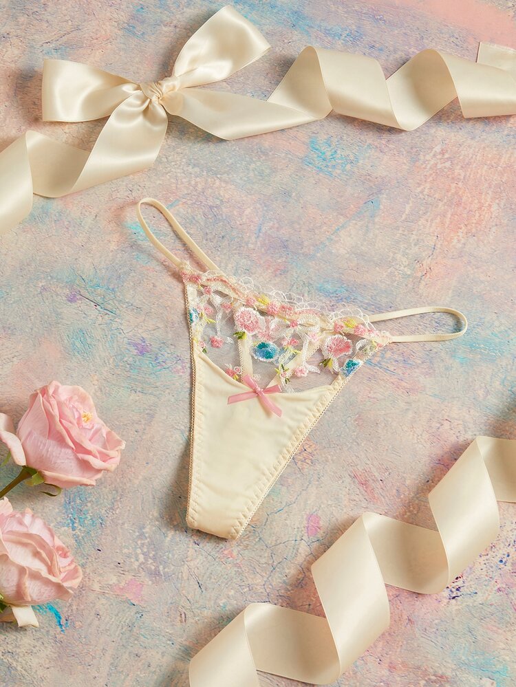 Elorette 淺淡黃色刺繡花卉重工浪漫田園風對比色細緻細節性感透視女款T-Back內褲 - 粉色 - 查看 4
