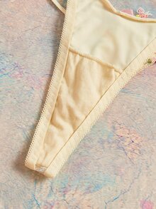 Elorette Light Pale Yellow Embroidered Floral Heavy Work Romantic Pastoral Contrast Color Delicate Details Sexy Sheer Women's T-Back Panties - Pink - View 3