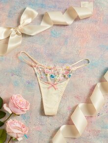 Elorette Light Pale Yellow Embroidered Floral Heavy Work Romantic Pastoral Contrast Color Delicate Details Sexy Sheer Women's T-Back Panties - Pink - View 1