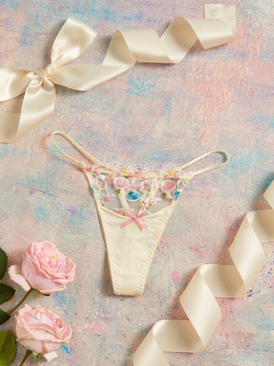Elorette Light Pale Yellow Embroidered Floral Heavy Work Romantic Pastoral Contrast Color Delicate Details Sexy Sheer Women's T-Back Panties - Pink - View 1