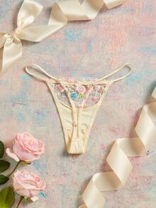 Elorette Light Pale Yellow Embroidered Floral Heavy Work Romantic Pastoral Contrast Color Delicate Details Sexy Sheer Women's T-Back Panties - Pink - View 5