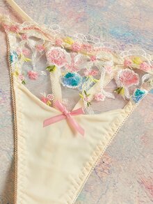 Elorette Light Pale Yellow Embroidered Floral Heavy Work Romantic Pastoral Contrast Color Delicate Details Sexy Sheer Women's T-Back Panties - Pink - View 2