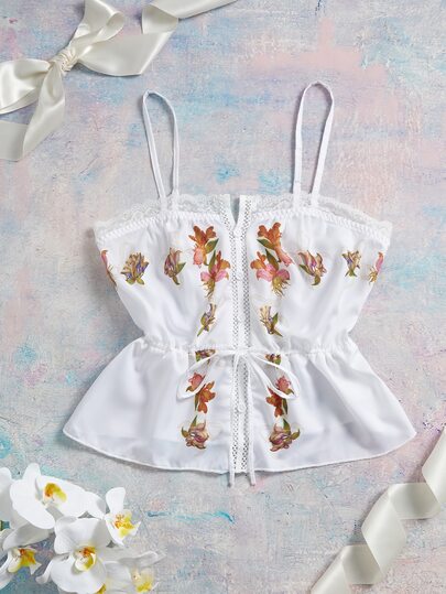 Elorette Witte damespyjamatop met tailleband, rucheszoom en bloemenprint, romantische landelijke stijl, kan ook als bovenkleding worden gedragen