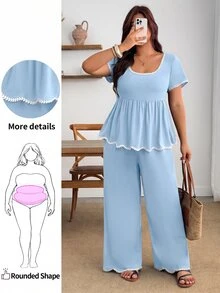 Enliva 大尺碼女款兩件套 波浪愛心短袖拼色收腰A字下擺休閒通勤套裝，春夏風格，適合日常休閒與通勤穿著 - 藍色 - 查看 3