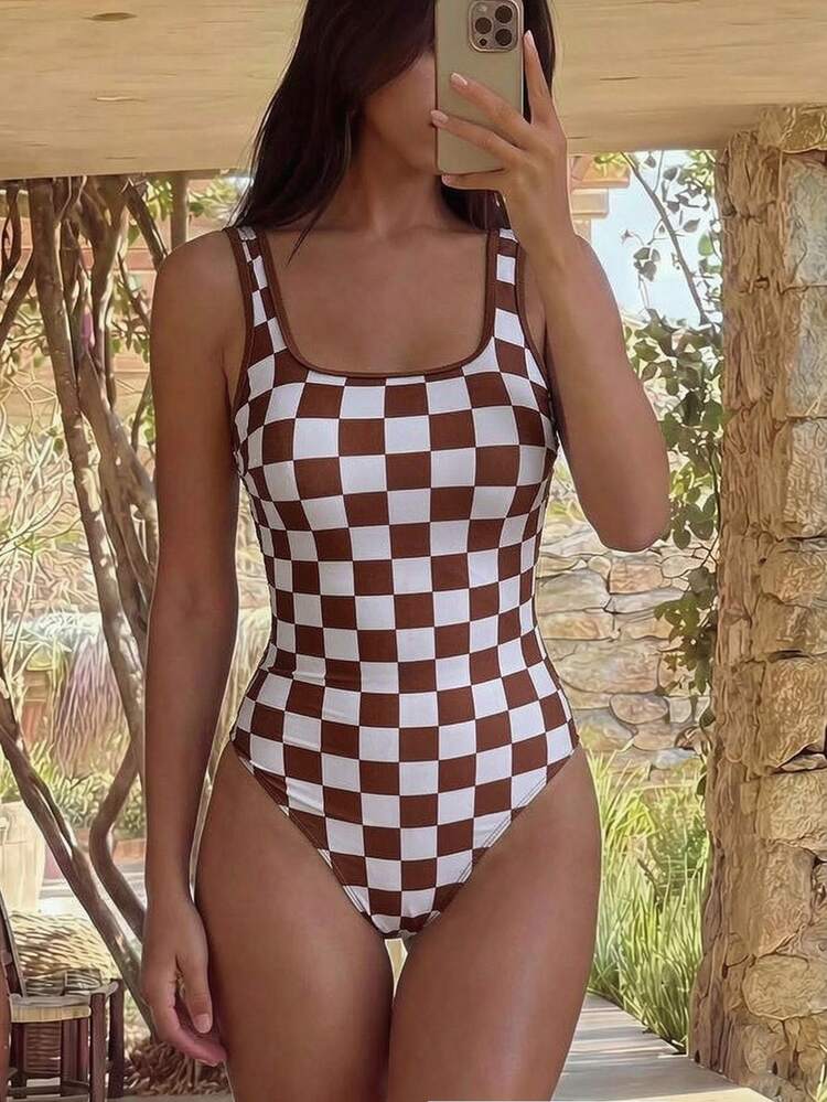 Breezaya Women's One-Piece Swimsuit With Thick Straps, Solid Color & Plaid Print, Summer Holiday Beach Wear - Multicolor - View 1