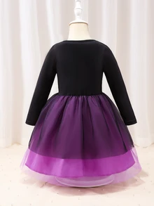 Glamorique Kids 小女孩可爱印花网纱连衣裙，适合假日和度假穿着 - 紫色 - 查看 2